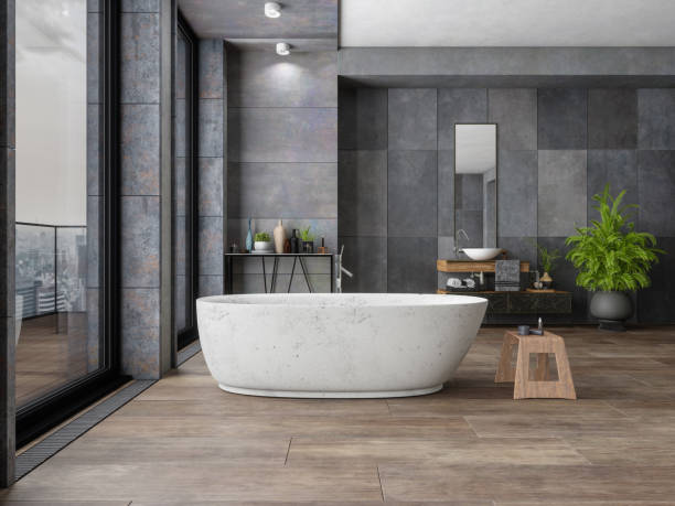 Bathroom tile dark flooring with bath tub | Tish Flooring